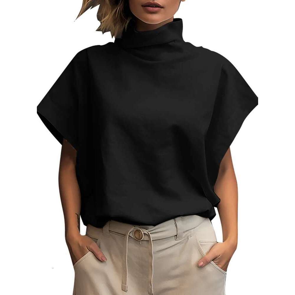 Women Fashion OL Work Shirt 2024 ZANZEA Summer Elegant Turtleneck Short Sleeve Blouse Casual Loose Office Tops Party Blusas
