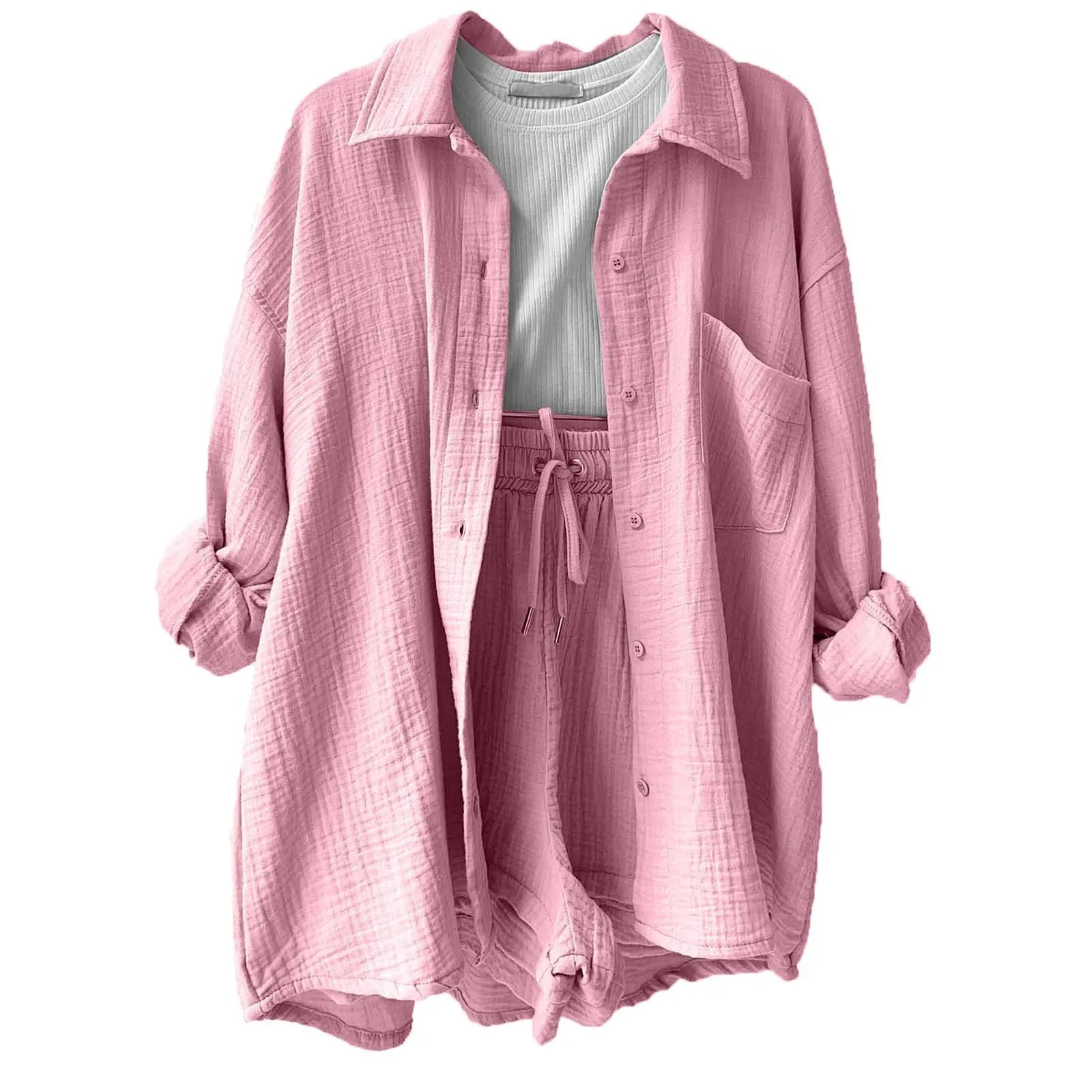 Two Piece Womens Summer Muslin Blouse Shirt And Shorts Clothes Two Piece Set Beach Outfit Set Two Piece Set Women Suits 250320