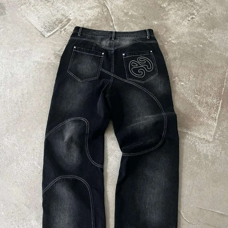 American Street Harajuku Y2K Black Grey High Waist Loose Straight leg Jeans for Men and Women