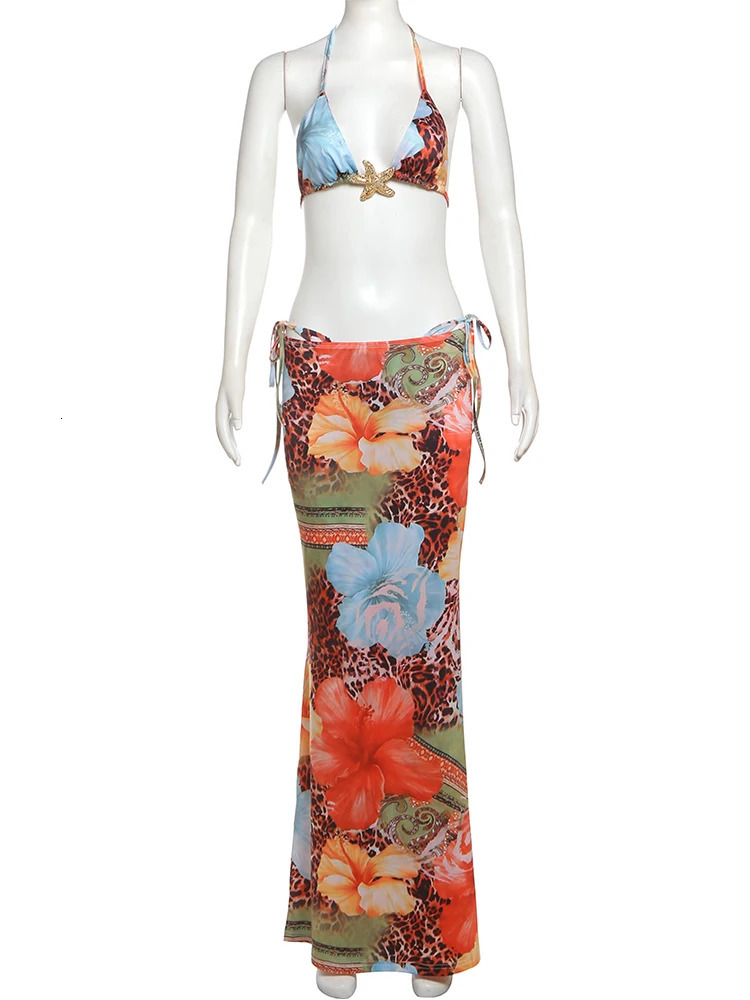 Weird Puss Beach Style Women 3Piece Set Swimsuit Colorful Print Bandage BrBriefsMaxi Skirts Vacation Midnight Club Party Suit 250320