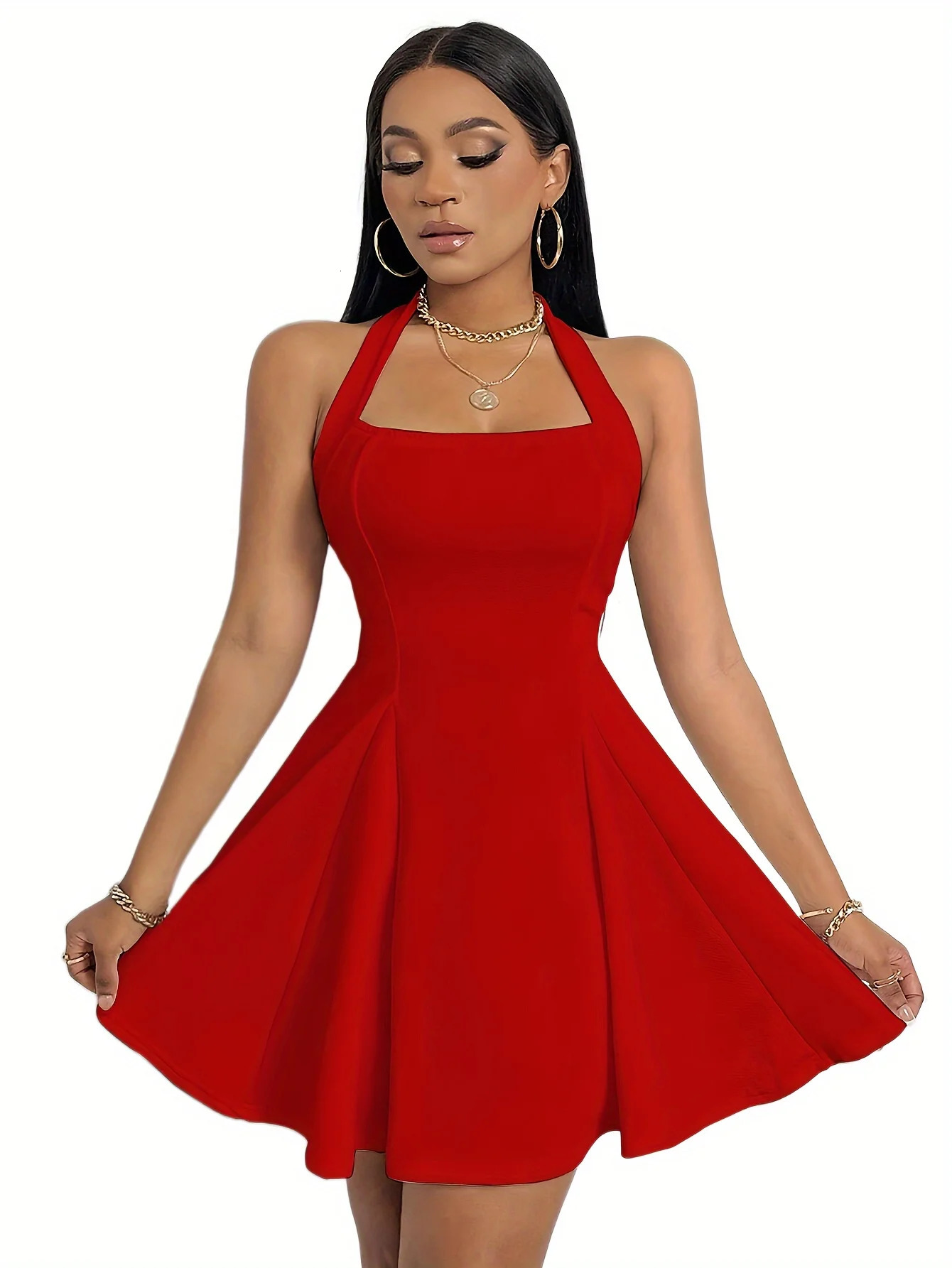1pc pure color backless halter elegant sexy dress 250320