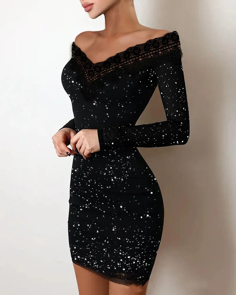 Chinese Year womens fashionable elegant casual sexy long sleeved lace trimmed single shoulder silver powder short dress 250320
