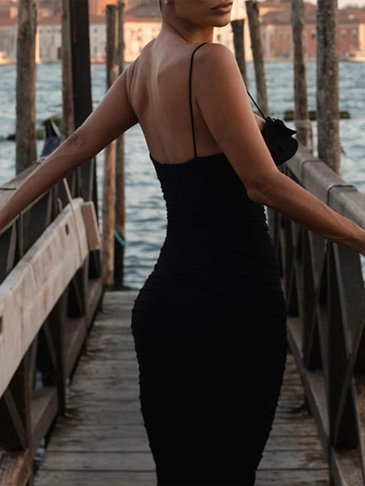 Black ruffled pleated weight loss dress tight and sexy bag hip suspender beach long summer backless waist belt 250320