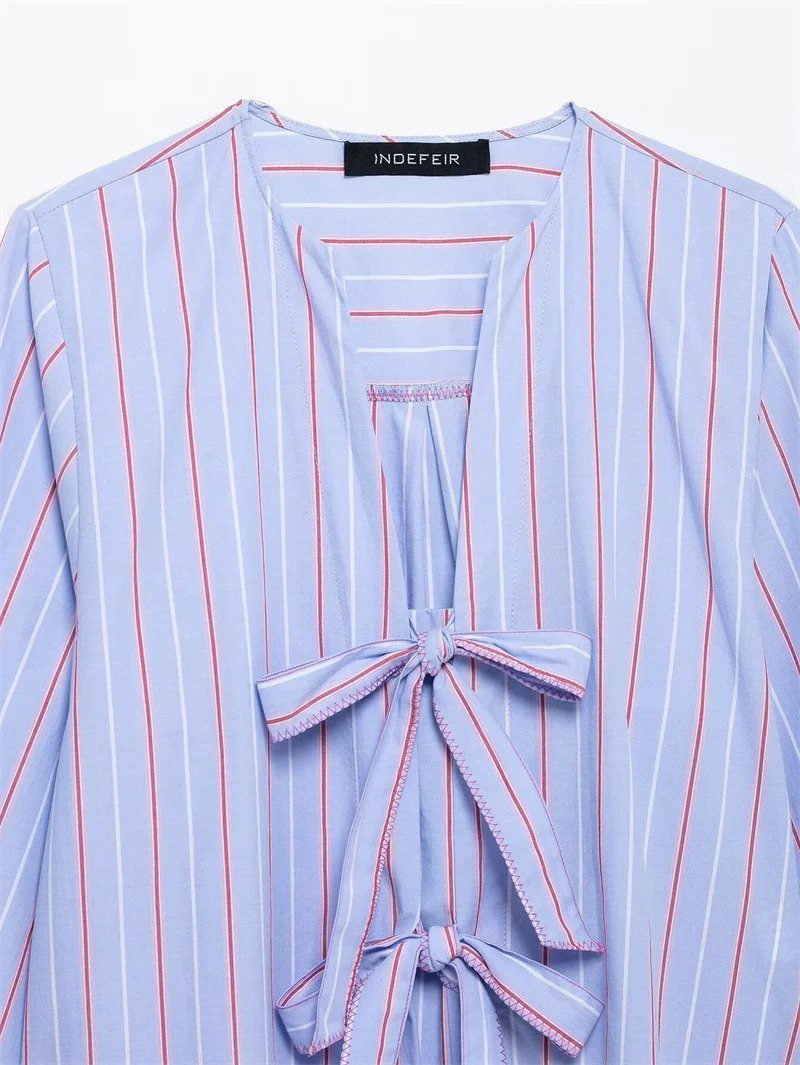 Womens Spring Butterfly Knot Decorative Striped Shirt Casual Edition Cute Womens Button Free Sexy 250320