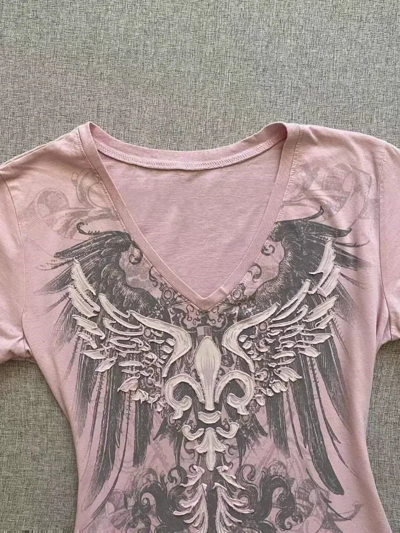 Neploe 2025 Summer Pink V-Neck Short Sleeve Slim Fit Waist Cinching Top American Vintage Fairycore Streetwear 2000S Y2K T-Shirt 250317