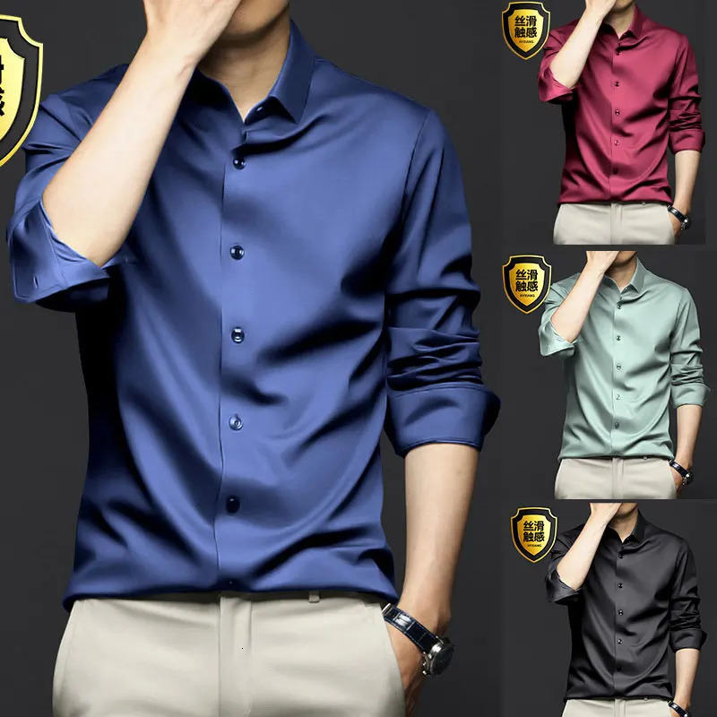 6XL mens shirt Dress Long sleeve Ice silk plus size Business casual high quality wear free breathable slim solid color 250320