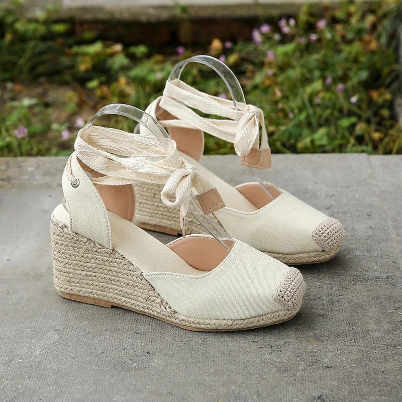 Womens Espadrille Ankle Sandals Comfortable Slippers Casual Shoes Breathable Flat Hemp Canvas Pump 250321BJ - view 5