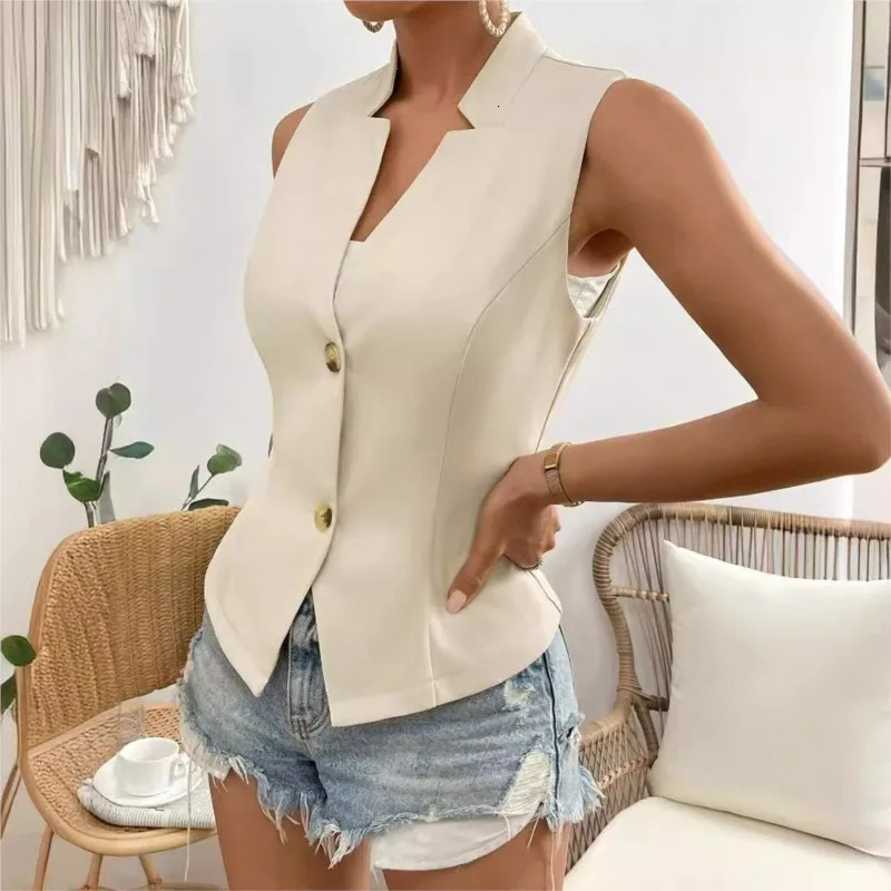 Fashion Office Ladies Vest Jackets For Women Elegant Outerwears Single Breasted V-neck Sleeveless Office Jacket Coats 250320