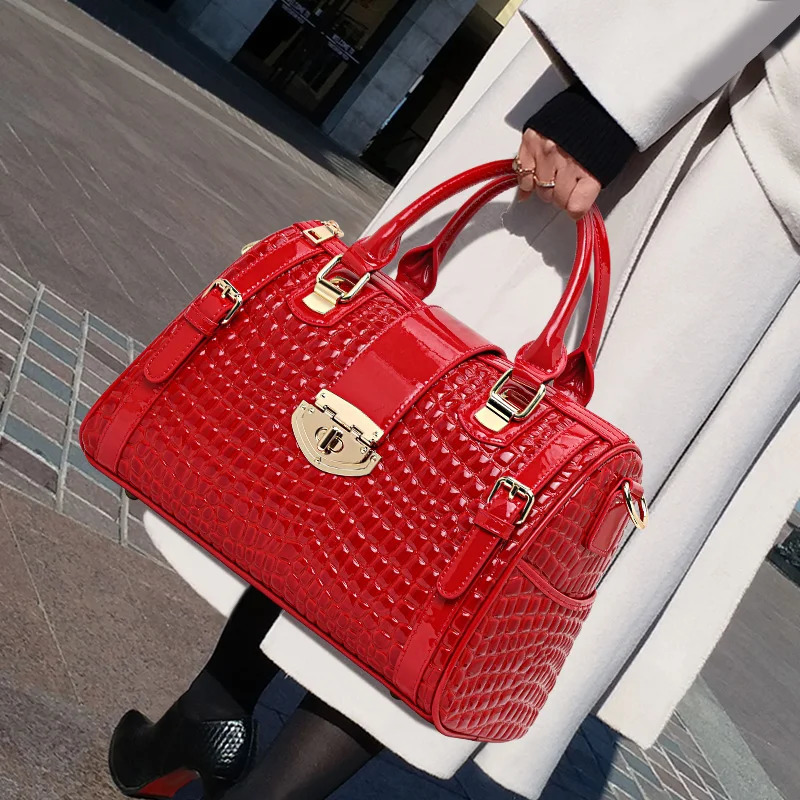 Aidrani Red genuine leather bag cowhide crocodileembossed tote Boston highend commuting womens handbag 250320