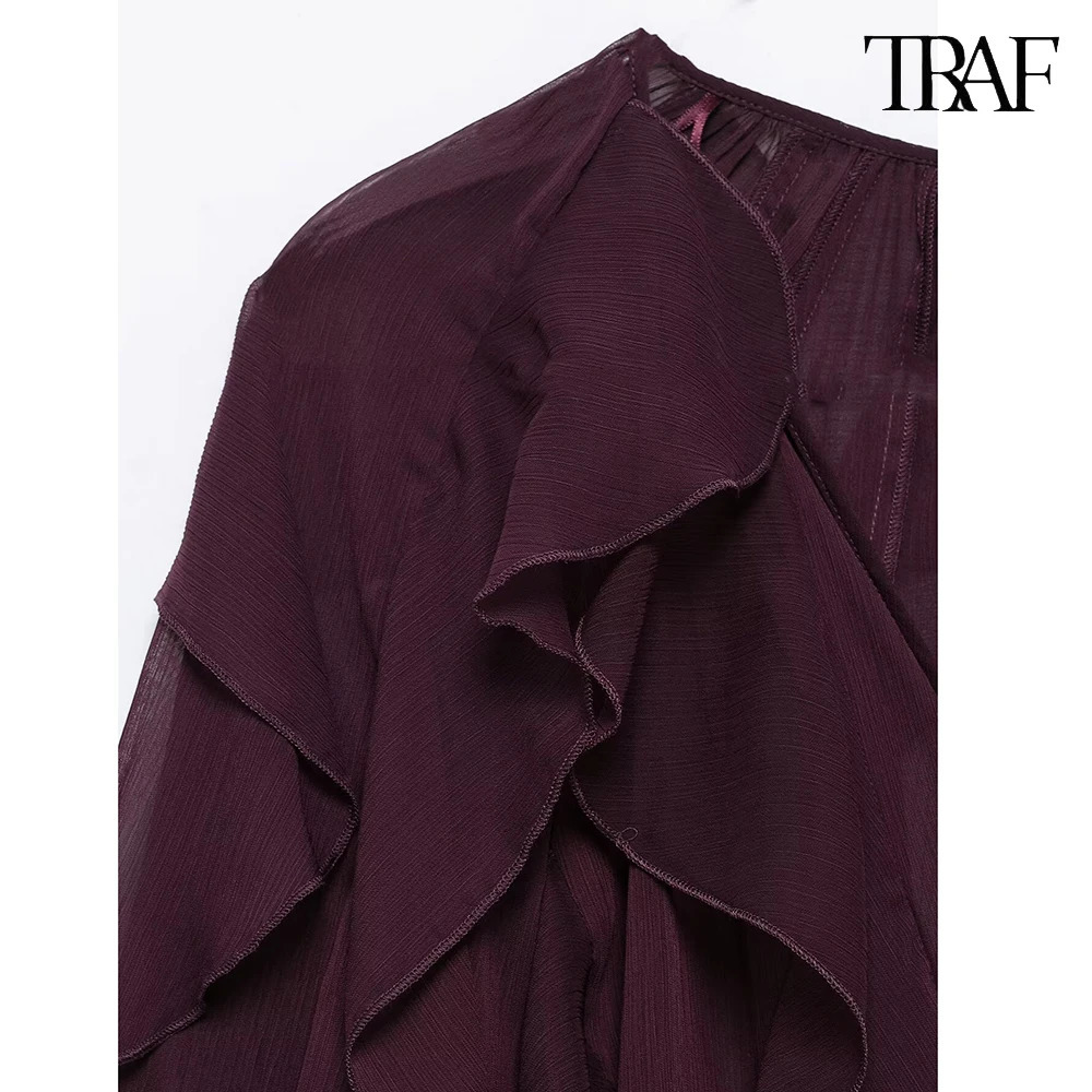 TRAF Fashion loose stacking decorative shirt casual solid color pleated sleeves 2025 Burgundy mesh womens 250312
