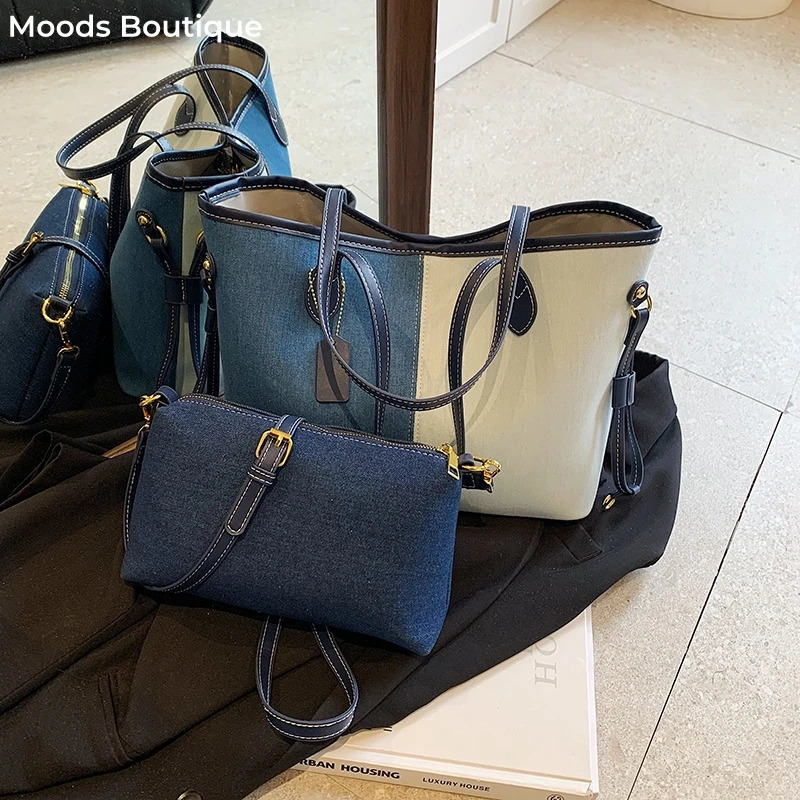 MOODS Patchwork Tote Bag Set For Women Big Capacity 2In1 Shoulder Shopper Denim Fabric Contrast Color Handbag Female 250320
