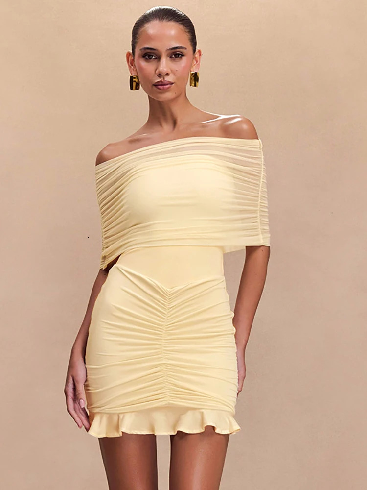 JULISSA MO Sexy Off Shoulder Mesh Women Mini Dress Pink See Through Ruffle Dress Female Spring Skinny Elegant Party Club Dresses 250320