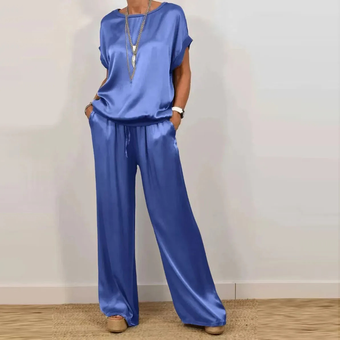 Summer Satin Two Piece Set For Women V Neck Bat Sleeve Top Casual Loose Lace Up Wide-leg Pants 2 Piece Suit Home Outfits Women 250320
