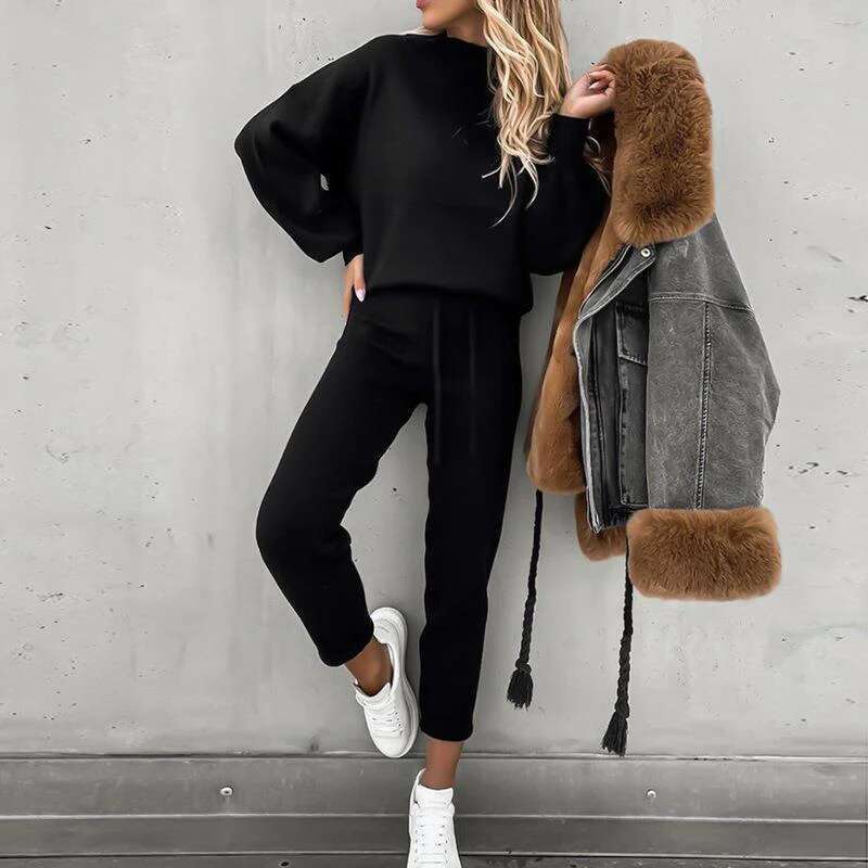 Mia Muse Women's Winter Daily Basic Solid Color Long Sleeve Stand Collar Drawstring Natural Waist Ankle Casual Sets