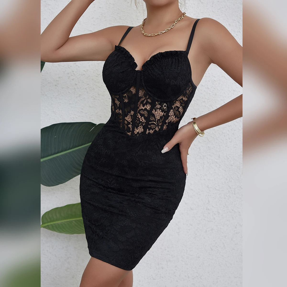 Black sleeveless backless Y2k leather crop lace sexy hollow mesh See Through VNeck Bodycon week party dress 250320