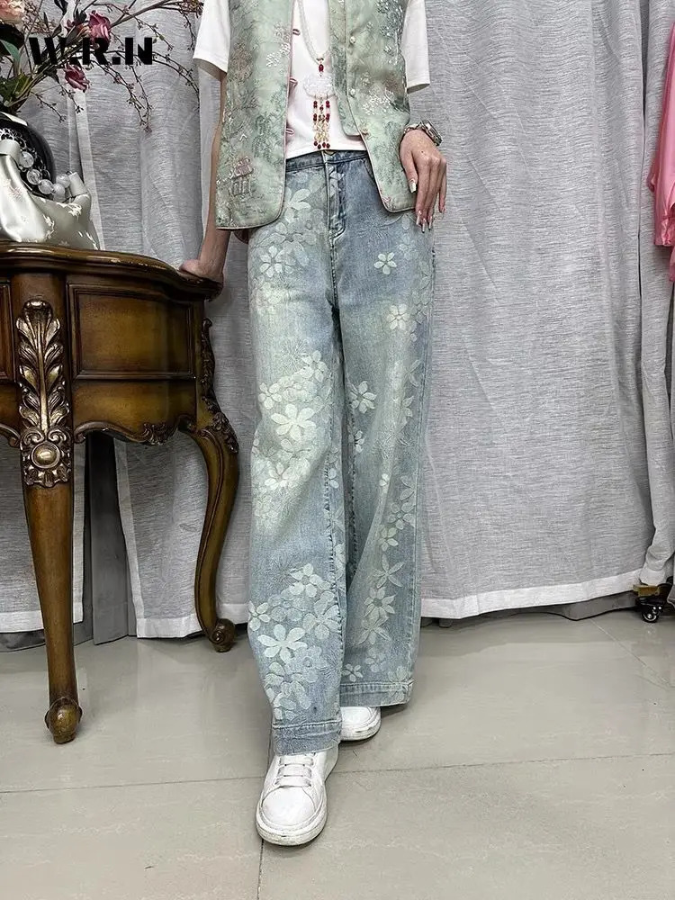 Elegant Baggy Floral Printting Denim Trouser Womens Washed Vintage Casual High Street Pants Female Retro High Waist Blue Jeans 250320