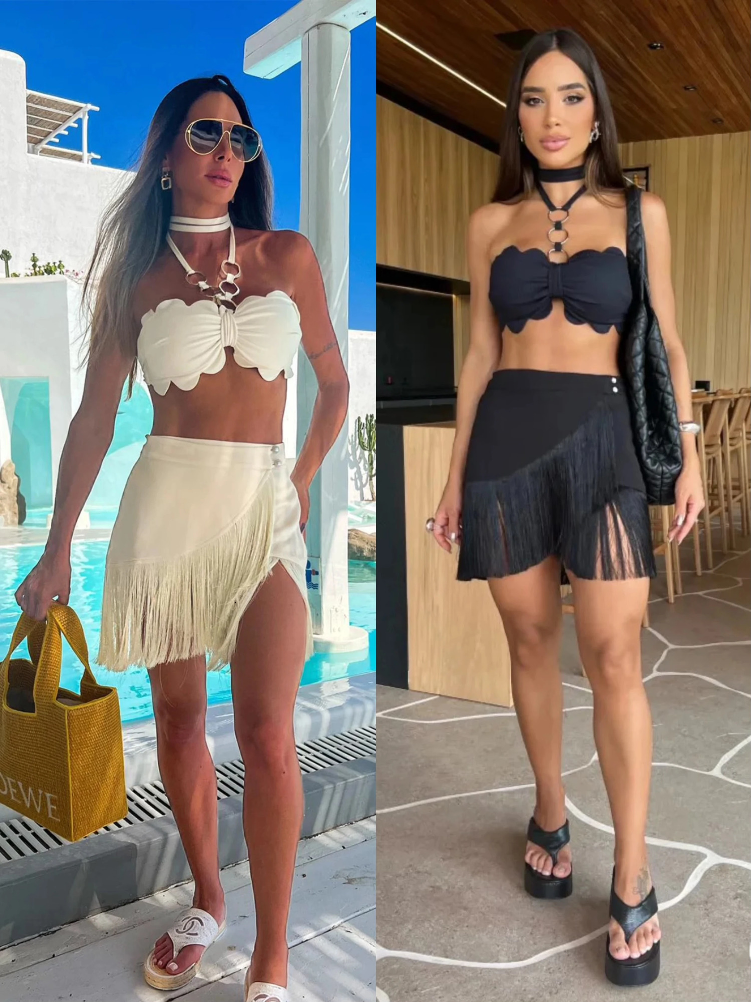 Summer sexy tassel womens two-piece bikini set with suspender lace bra tassel mini bodysuit beach vacation casual womens swimsuit 250314