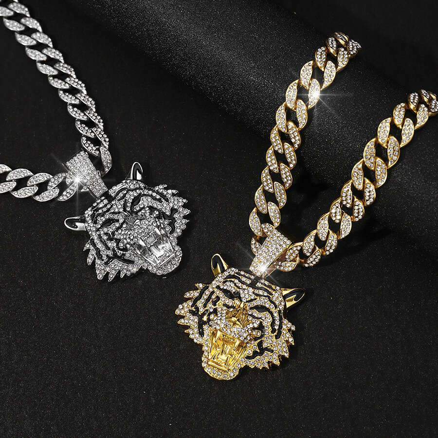 New alloy three-dimensional full dia pendant Cuban necklace men's hip-hop cool niche tiger accessory