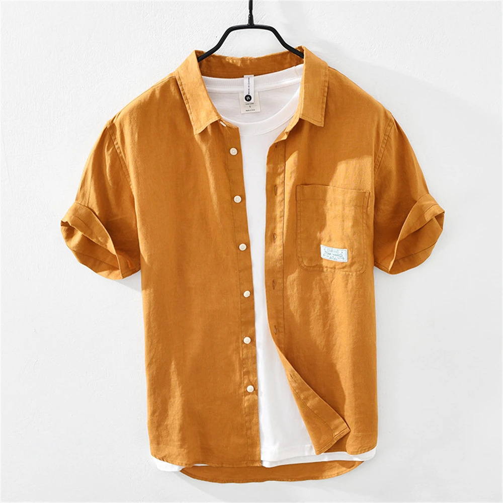 Summer mens short sleeve shirt Solid Tops mens clothing fresh Style Loose Casual Linen shirts for man 250320