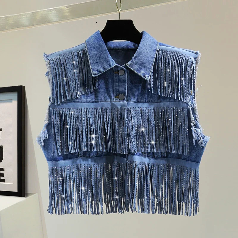 Chic Diamonds Tassels Sleeveless Denim Coat Summer Slim High Waisted Fringed Jeans Jacket Solid Color Casual Vest Crop Tops 250320
