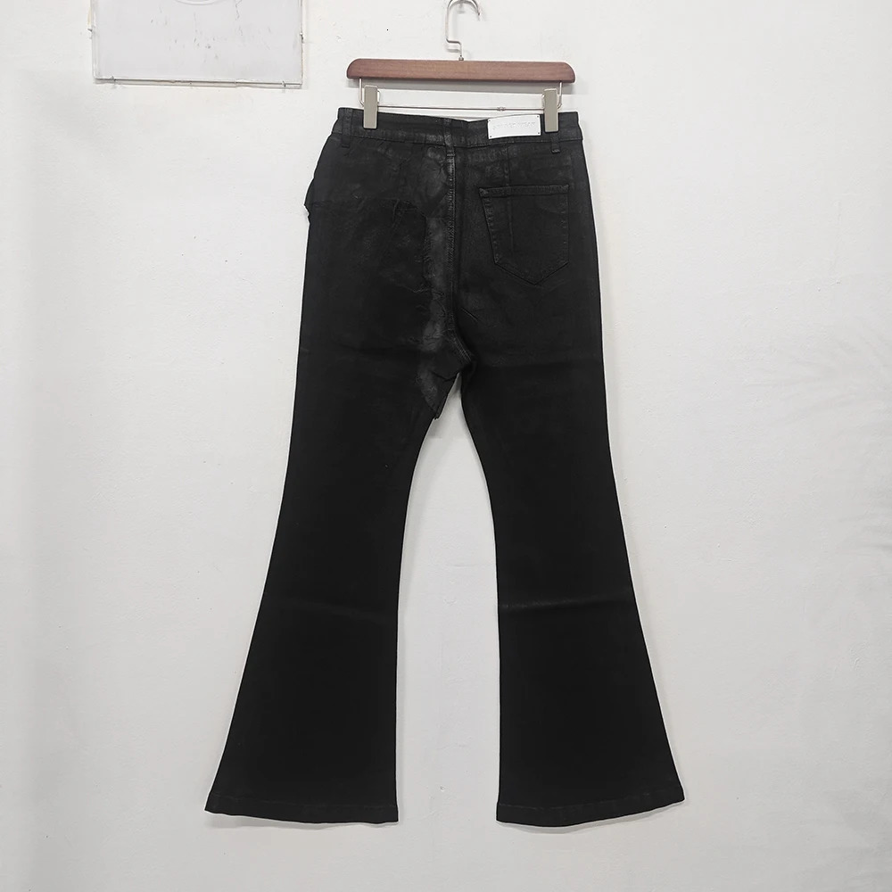 PFNW High Street Coated Brushed Micro Flare Drag Black Jeans Mens Loose Elastic Waxing Trouser Niche n 28W5688 250317