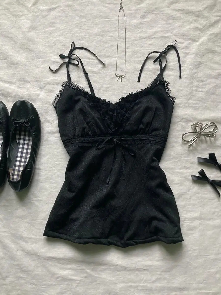 Crop Top Punk Summer Womens Retro Clothing Lace Strap Sweetheart Girl 2000s Camis Bow Aesthetics Y2k Tank Tight corset Sexy 250320