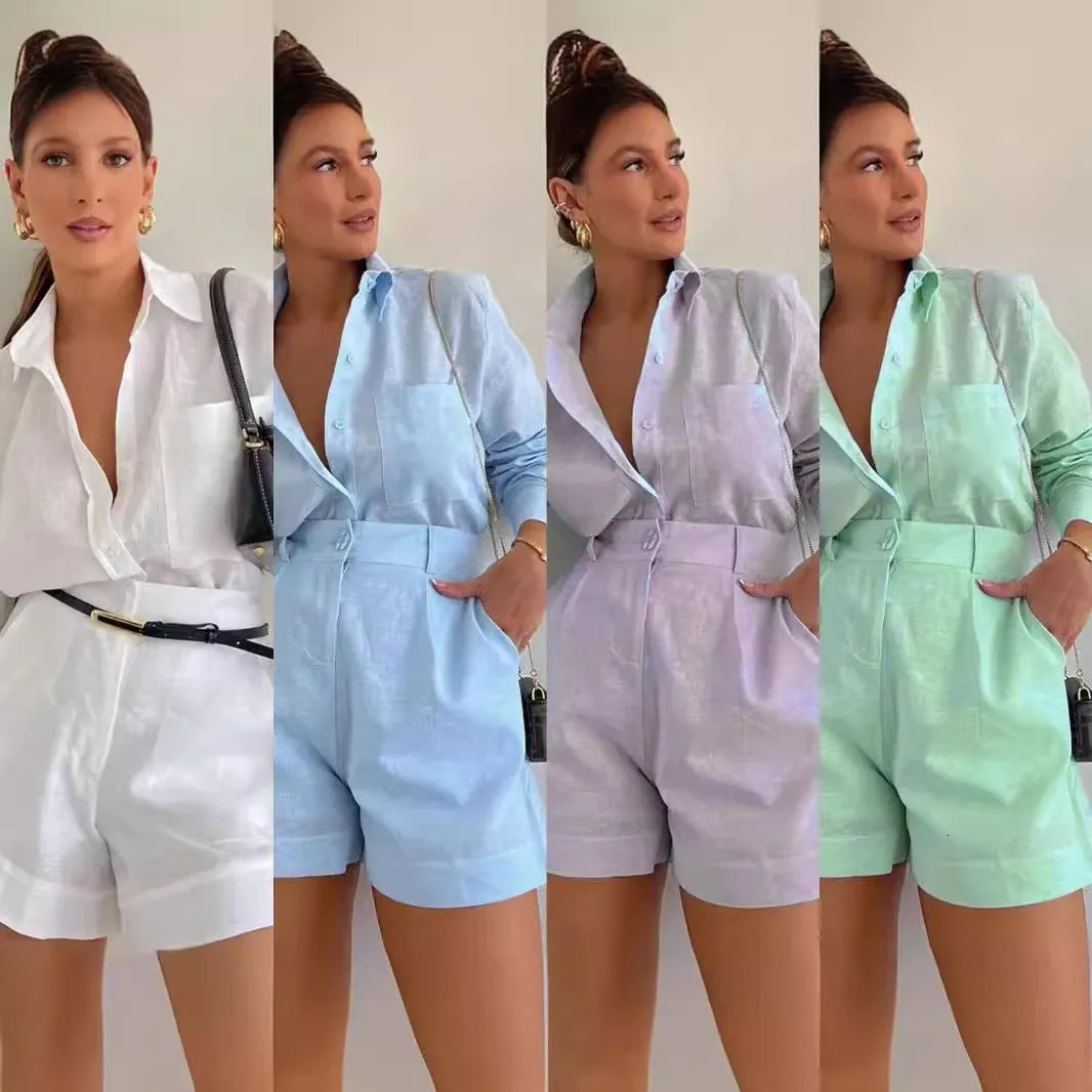 Fashion Womens Outfits Sets Button Pockets Lapel Shirt Short Pants Elegant Long Sleeves 2 Pieces Vacation Solid Blouse Sets 250318