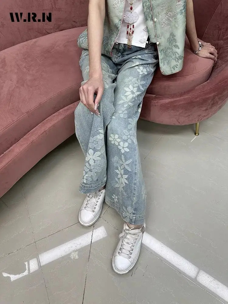 Elegant Baggy Floral Printting Denim Trouser Womens Washed Vintage Casual High Street Pants Female Retro High Waist Blue Jeans 250320