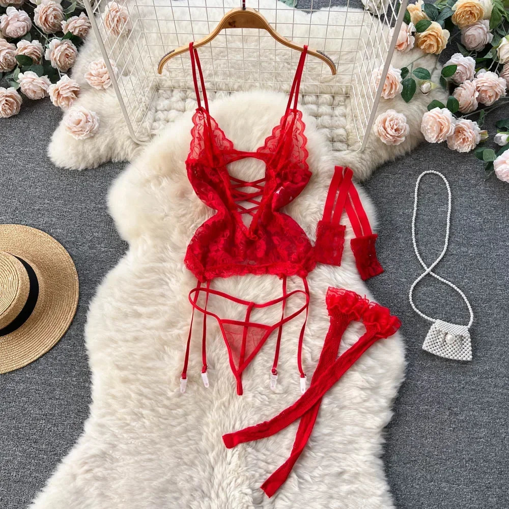 CHILLGIO Women Transparent Floral Lace Bra Brief Suit Fashion Tight Erotic Underwear 3 Piece Sexy Intimate Lingerie Stocking Set 250320