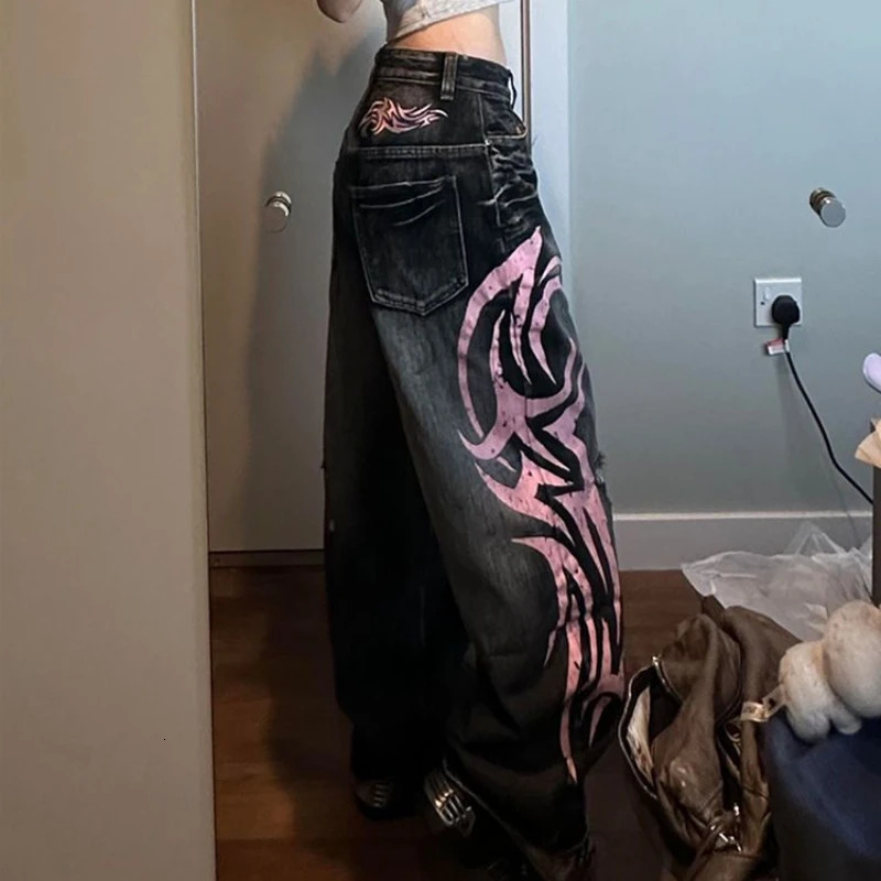 Printed bag jeans womens clothing street washing Distressed retro high waisted jeans womens Versatile jeans womens jeans 250320