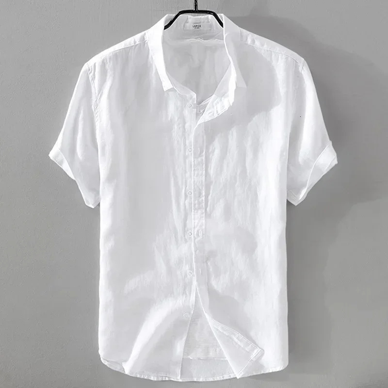 Pure Linen Short Sleeve Shirt For Men Casual Summer Half Sleeve Cotton Linen Fabric White Color Mens Wear Top 250320