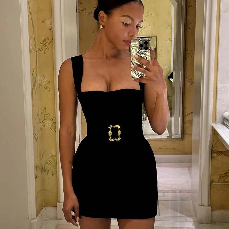 Womens Short Dresses Summer Slim Square Neck tie Metallic Accessory Vest Dresses JY24172MHO 250320