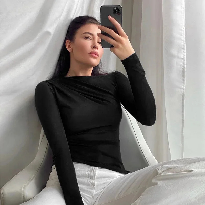 Long Sleeve Top White TShirt Basic Crop Autumn Pollover Solid Skew Neck T Shirt Streetwear Black Y2K Tees 250311