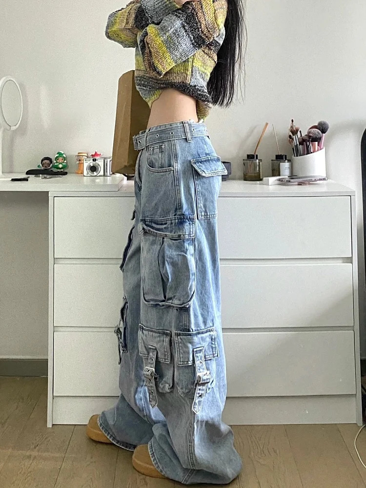 Cyber Y2K Streetwear Washed Black Baggy Cargo Jeans Pants For Women Clothing Multi Pockets Hip Hop Lady Trousers Womens Clothing 250320