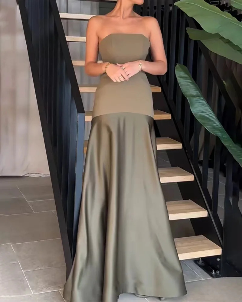 Womens Elegant Off Shoulder Patchwork Bodycon Dress Sexy Bustier Sleeveless Long Summer Fashion Draped Solid Party Dresses 250320
