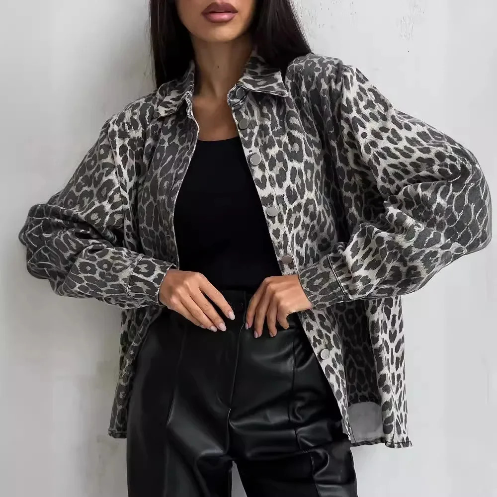 Ladies Spring Autumn American Retro Leopard Print Niche Lapel Denim Coat Fashion Loose Trend Spice Girl Jacket for Women 250320