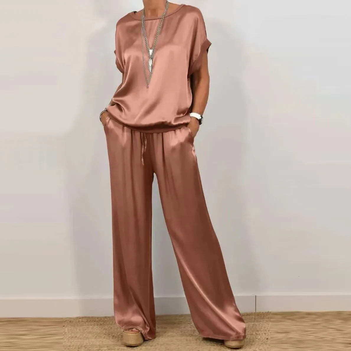 Summer Satin Two Piece Set For Women V Neck Bat Sleeve Top Casual Loose Lace Up Wide-leg Pants 2 Piece Suit Home Outfits Women 250320