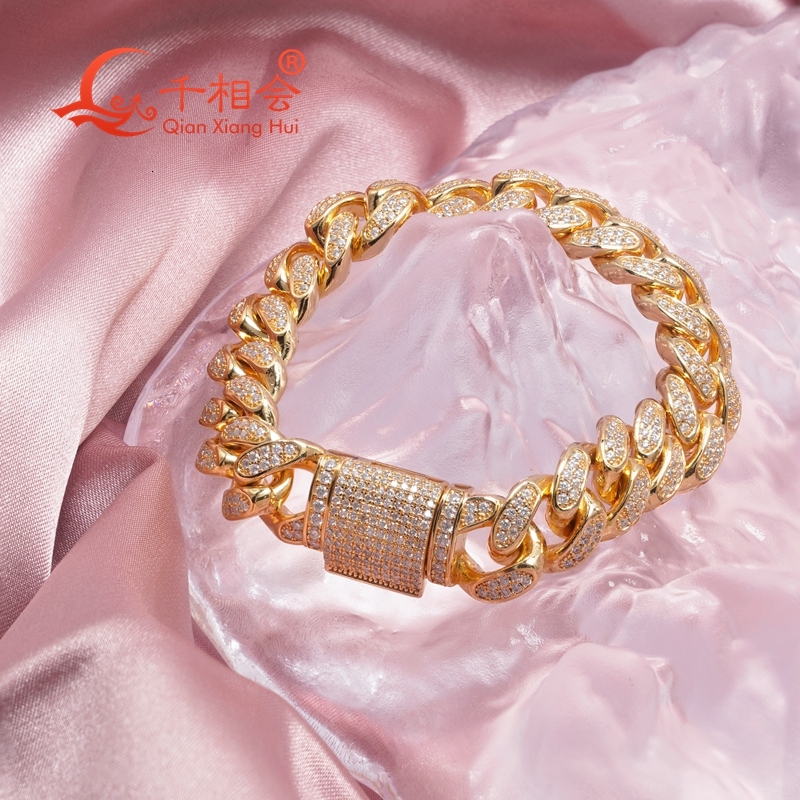 12mm half-moon kidney S925 silver Cuban chain bracelet moissanite diamonds hip-hop style perfect for Miami-inspired fashion.