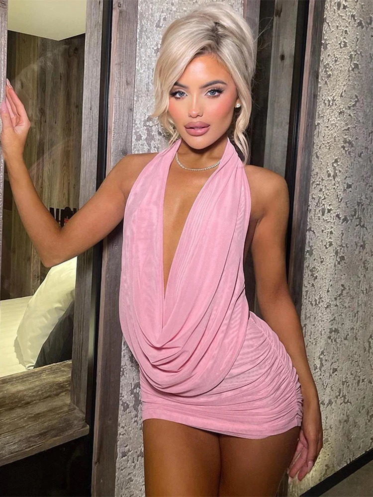 Nibber Party Mesh Patchwork 2 Piece Set Women Halter Lace-Up Backless CamisoleRuched Mini Skirts Midnight Sexy Club Outfits 250320