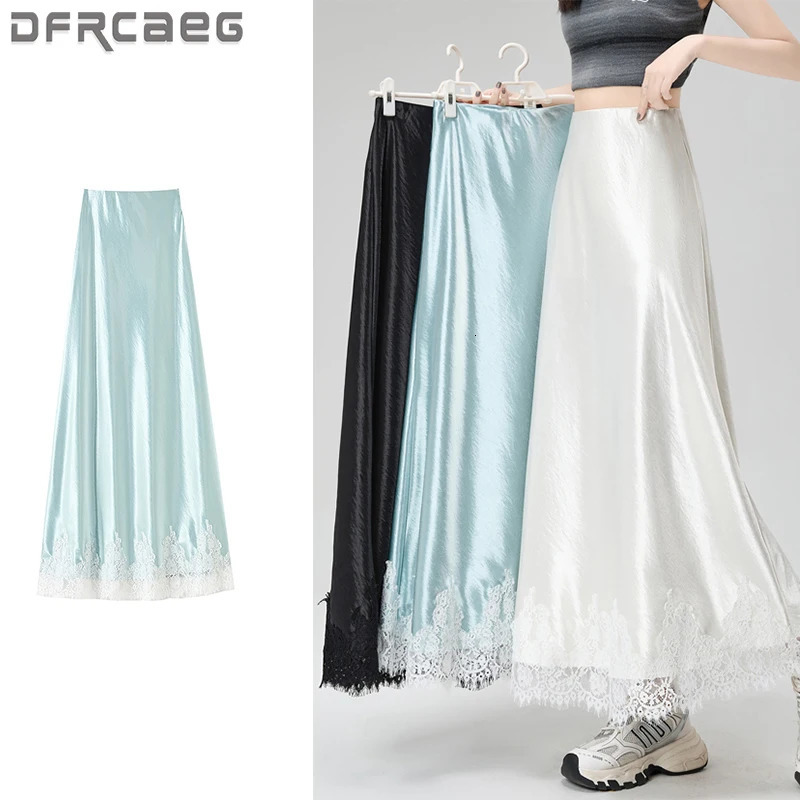 Satin Skirt Women 2025 Spring Arrival High Waist A Line Long Skirt Lace Patchwork Maxi Skirts Women Korean Fashon Slim Skirt 250320