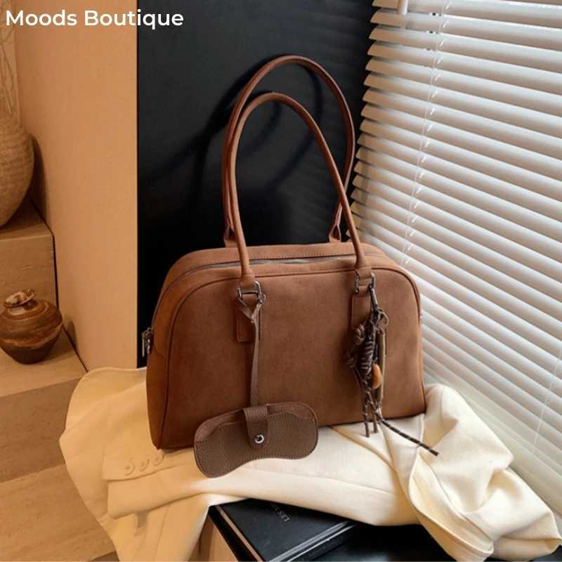 Large size womens bowling bag suede solid color large capacity shoulder cross body bag with long strap 2024 luxury designer handbag Y250319