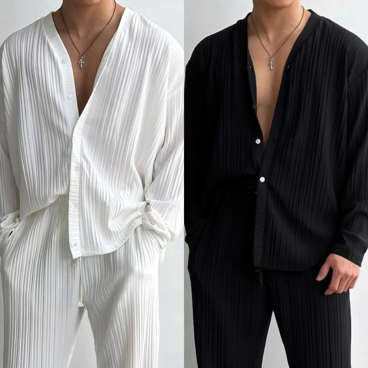 Ultra thin solid color sexy deep V cardigan knitted sweater casual fashion set two-piece set for men 250320