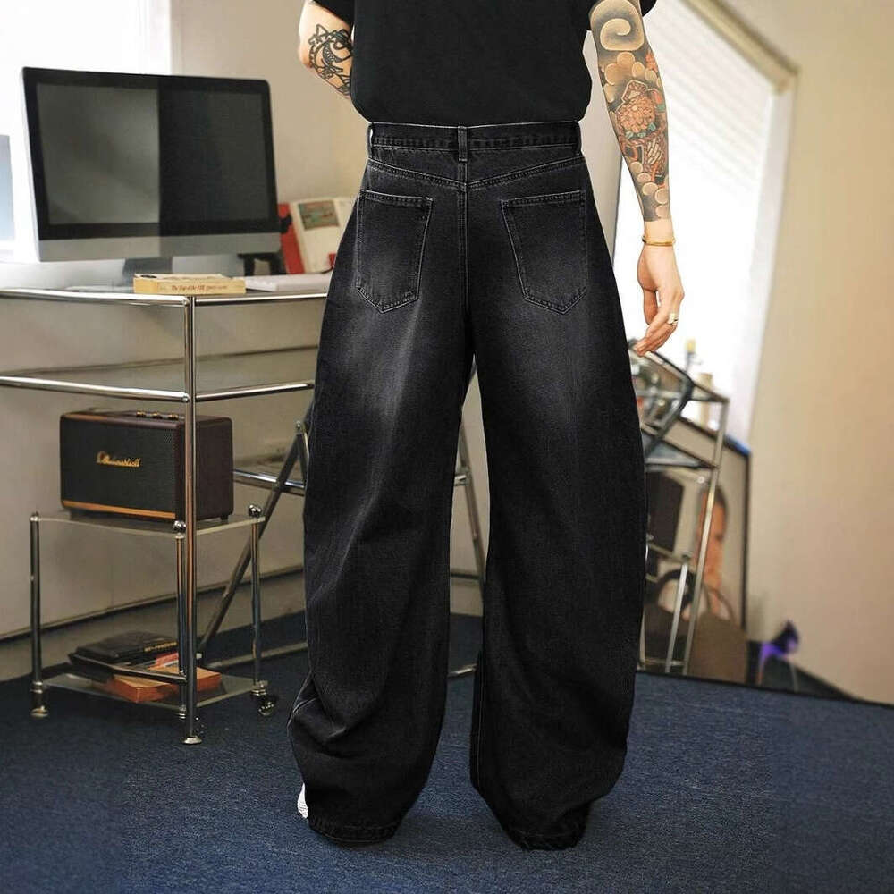 American high street trend black loose wide straight leg casual jeans for men and women