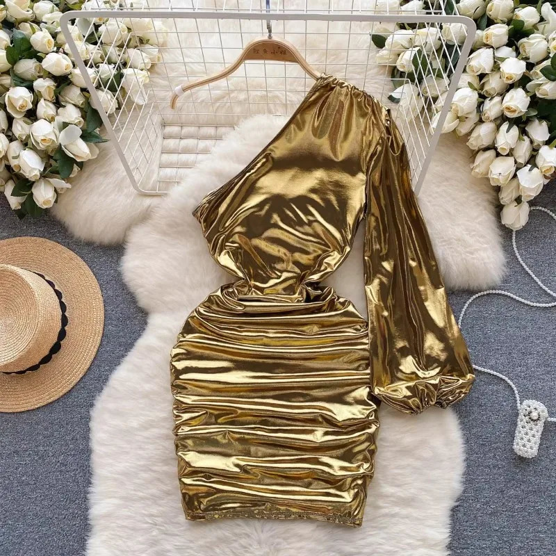 Womens Fashion Puff Long Sleeve Diagonal Collar Asymmetric Sexy Ultra Thin Body Dress Retro Vestido Elegant Hip Packaging 250320