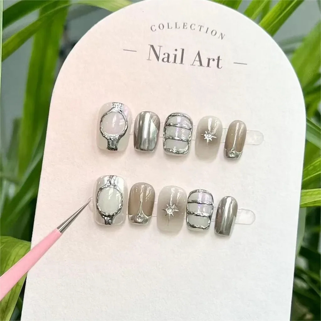 Y2k Metallic Style Handmade Wearable Nails Black Pink tie Fake Nails Super Cool Short Press-on Nails Handmade press on French 250319