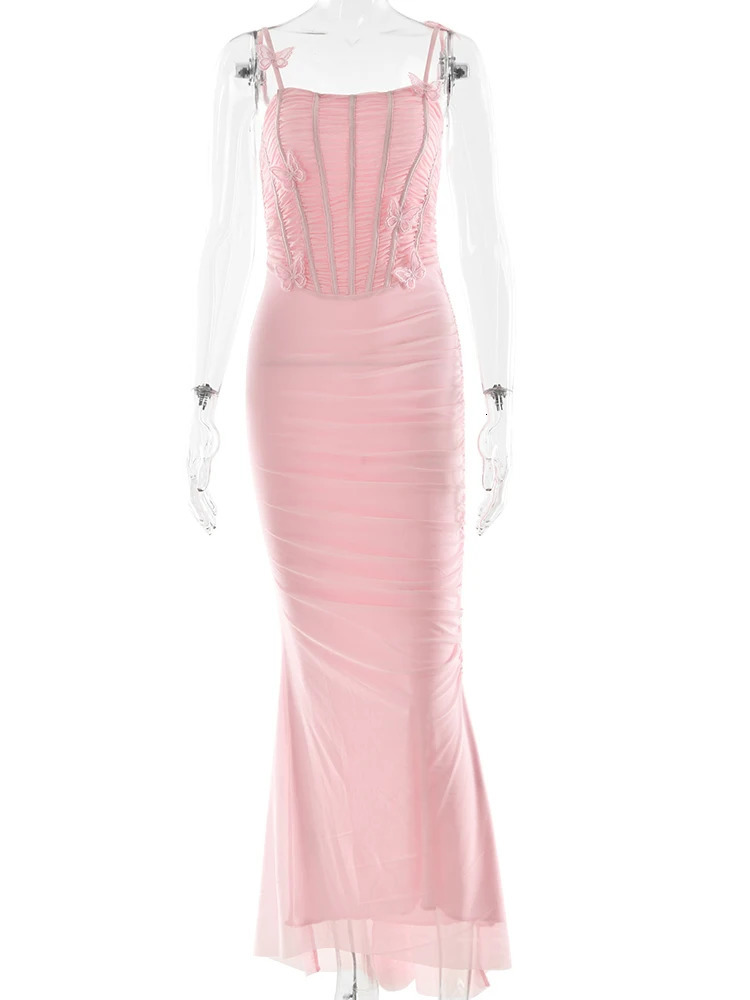 JULISSA MO sexy spaghetti strap Ruched womens Maxi dress pink backless high waisted summer ultrathin vacation party club uniform 250317