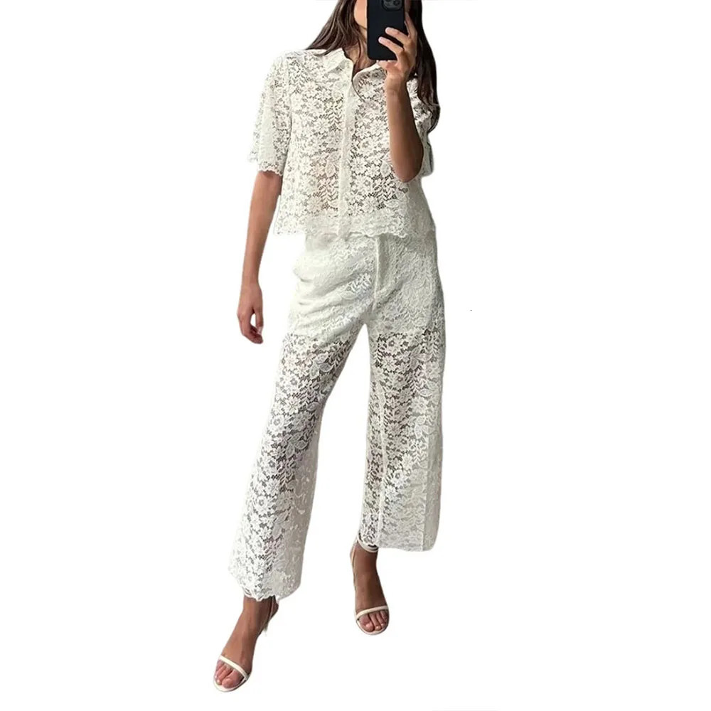 Transparent white vacation style lace pants set for womens summer leisure office womens set hollow out matching 250320