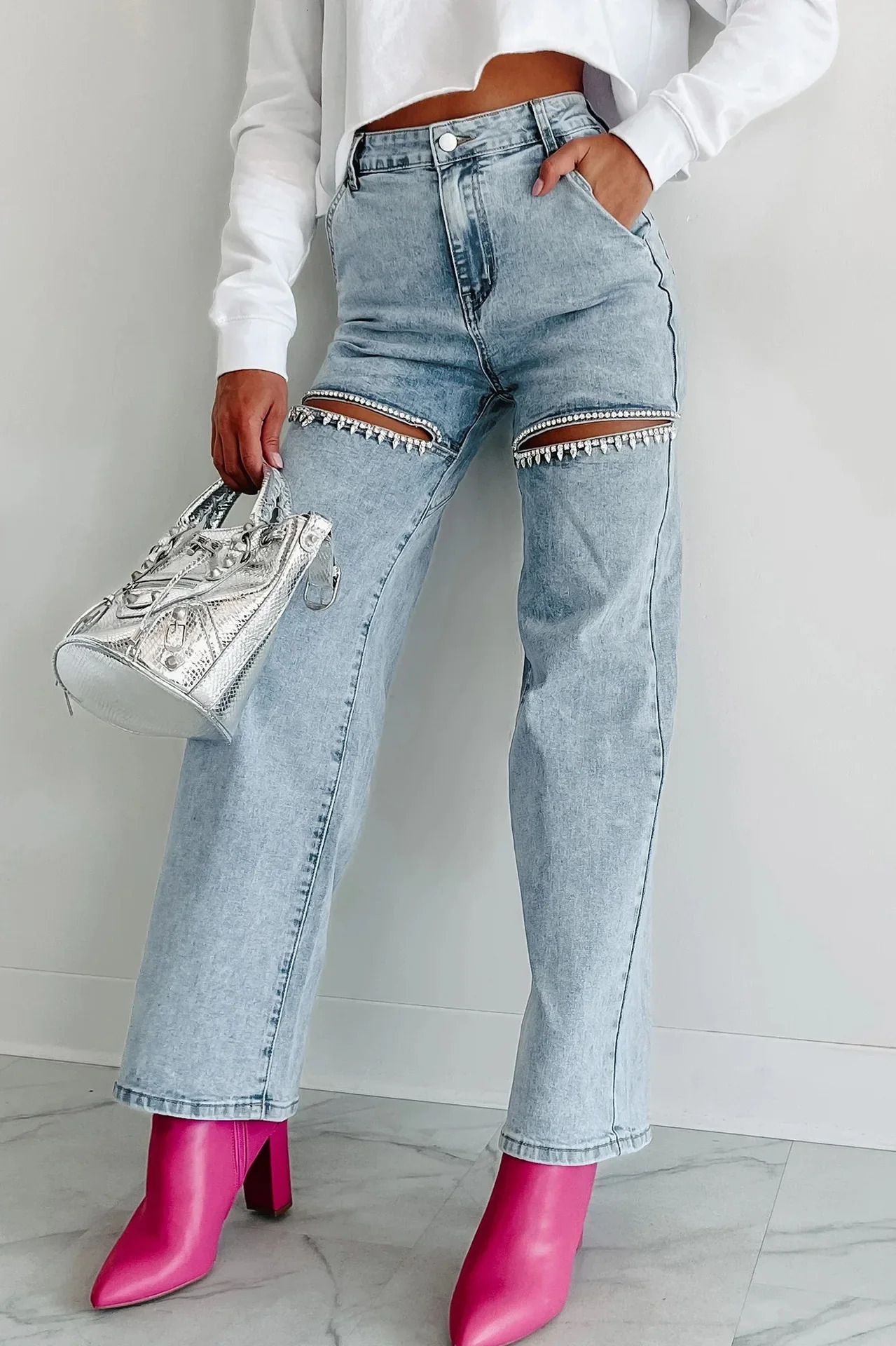 Womens casual loose blue Y2k solid elegant splicing straight Trouser hole high waisted jeans summer 250317