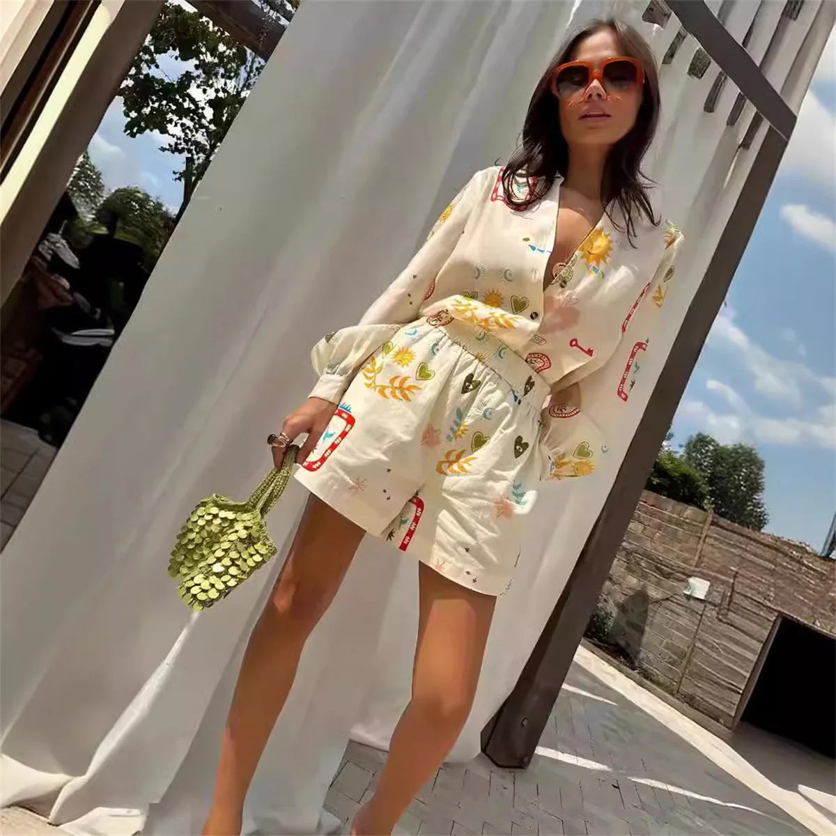 Elegant womens set 2-piece vacation set 2-piece modern set womens casual sexy set short sleeved summer outfit 250318