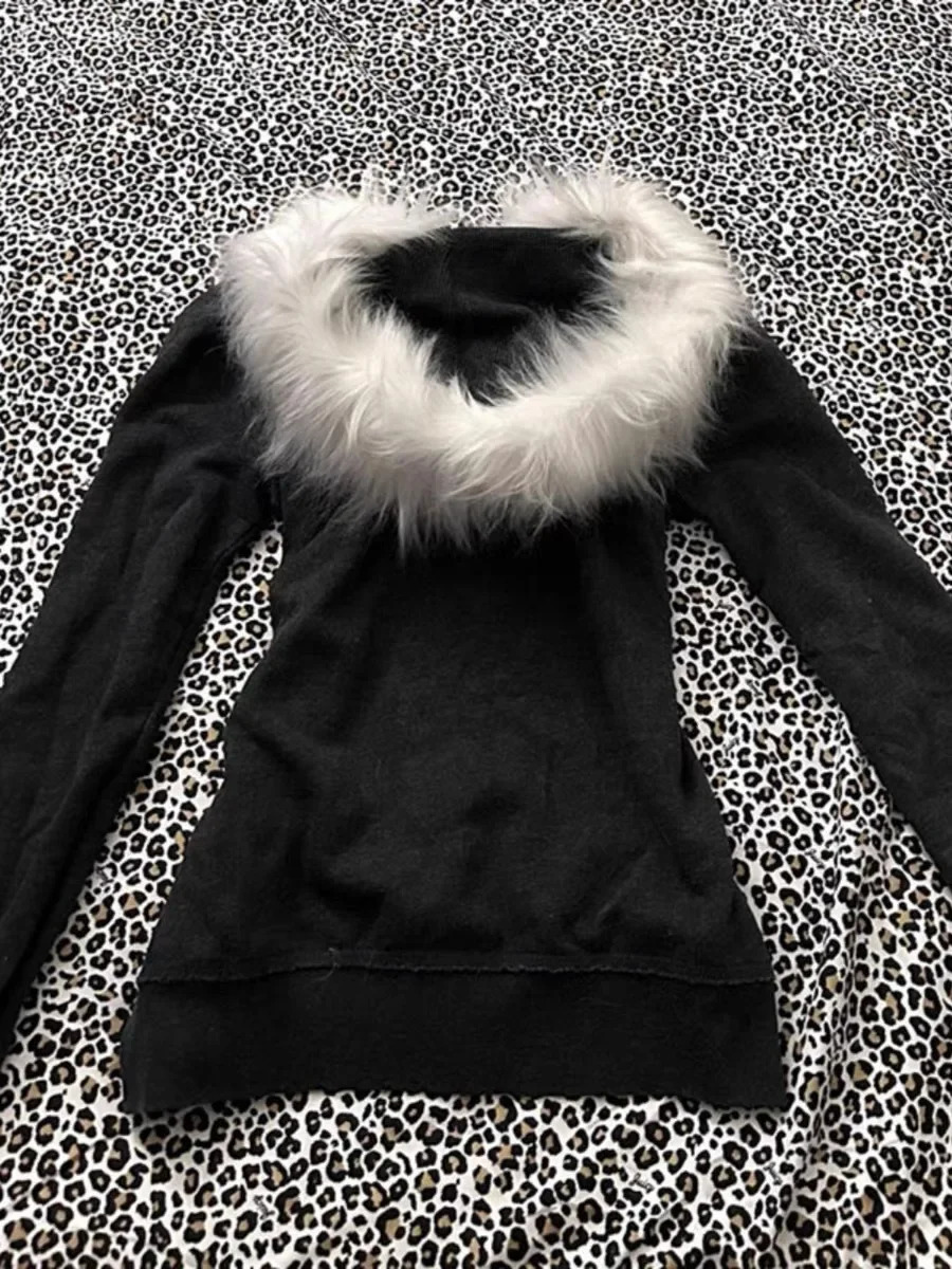 Y2K Womens Zip Up Letter Printed Fur Collar Hoodies Slim Fit Comfortable Simplicity Black Sweatshirts Warm Basic Version Tops 250320